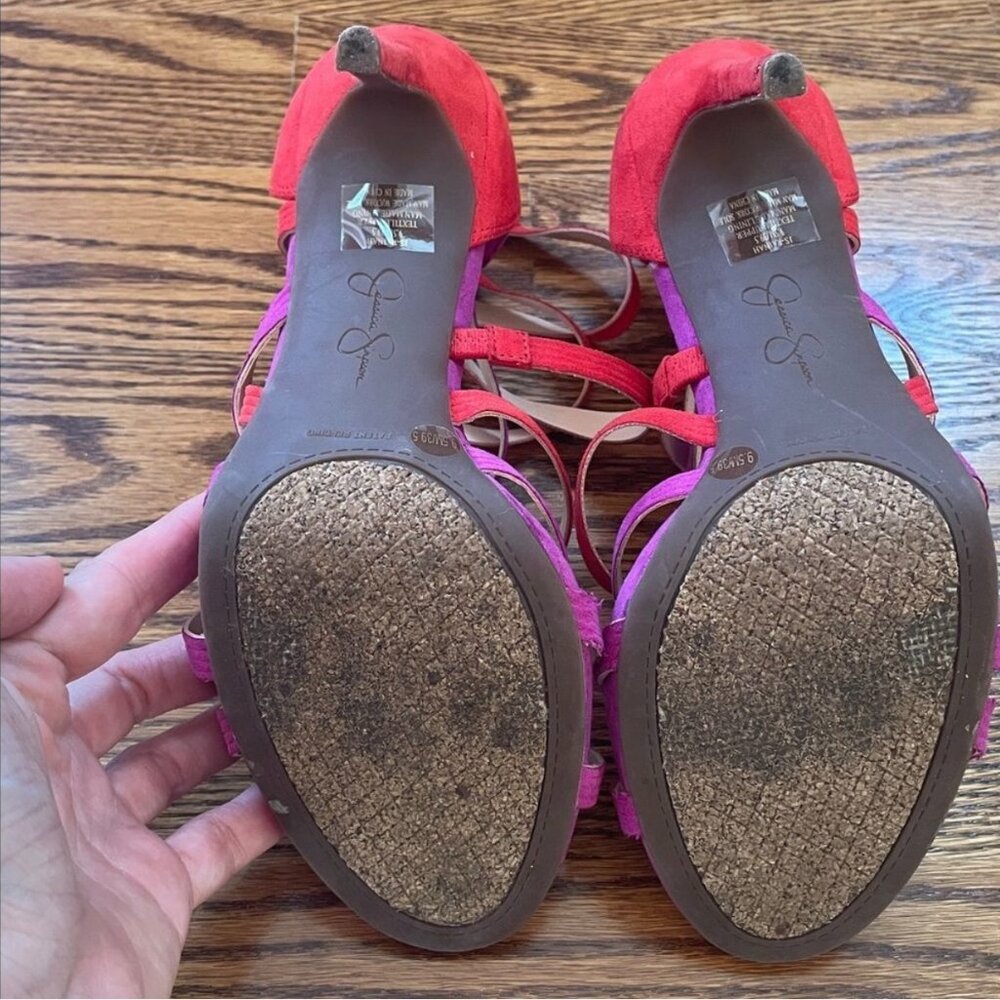 Jessica Simpson Strappy Rainah Red and Purple Faux Suede Heels Size 9.5 - Picture 9 of 11